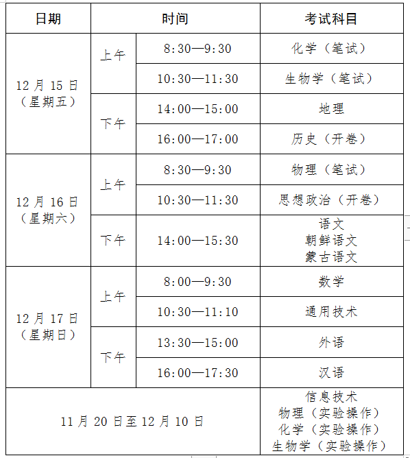 2024年下半年吉林高中學業水平考試具體時間安排