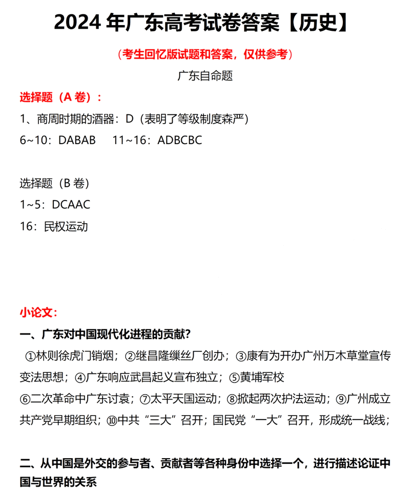 2024高考廣東卷歷史真題及答案解析